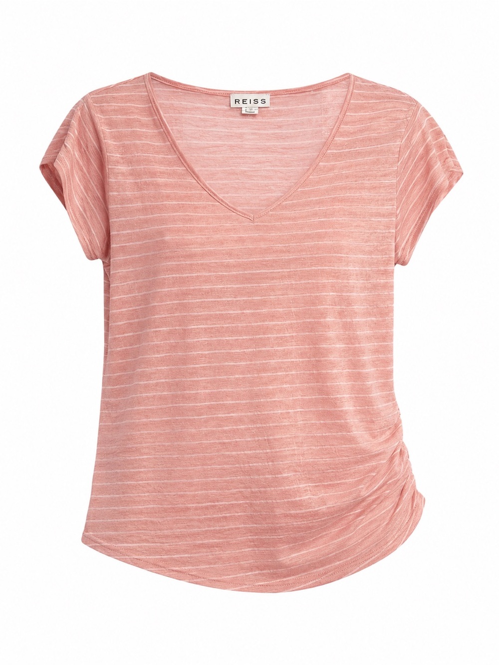 Reiss Striped V-Neck Tee in Dusty Rose and White
